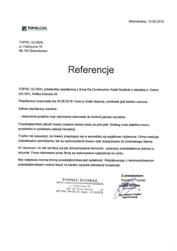 list referencyjny dla RA Construction od Topsil global