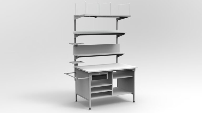 Stół do pakowania paczek 120x75 cm z półkami i LED 30 W – RA Construction