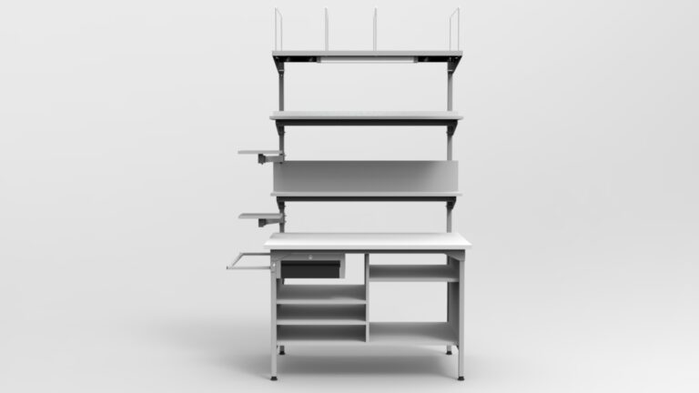 Stół do pakowania paczek 120x75 cm z półkami i LED 30 W – RA Construction front